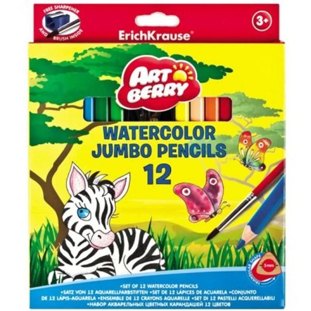 Акварелни моливи ErichKrause ArtBerry® Jumbo 12 цвята с четка и острилка, снимка 1
