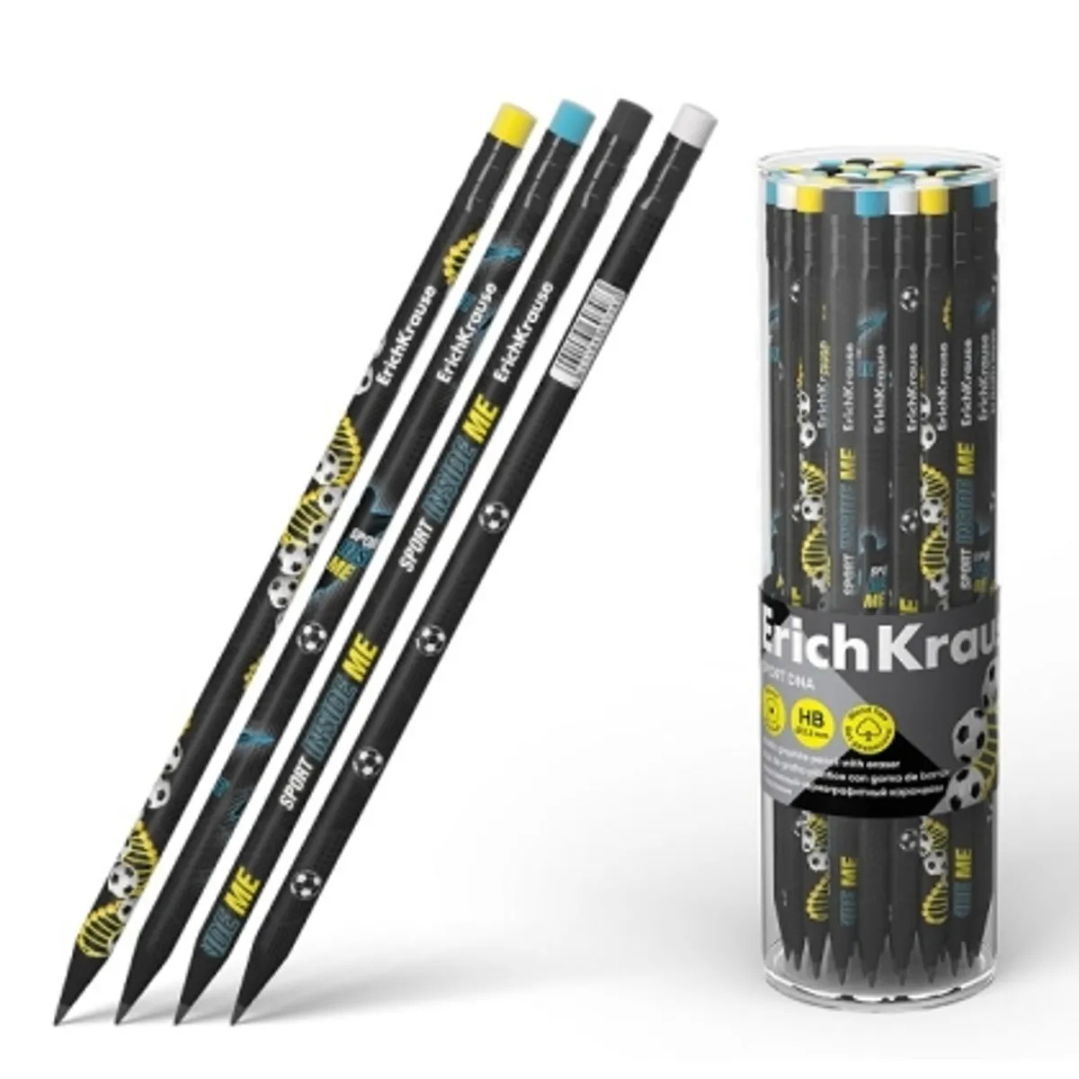 Графитен молив ErichKrause® Sport DNA, кръгъл, с гумичка, пластмасов, HB