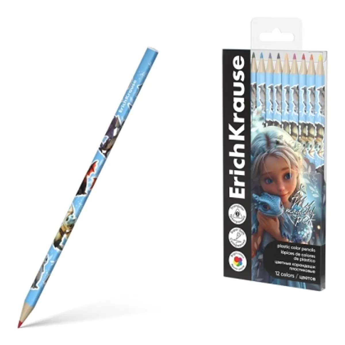 Пластмасови цветни моливи ErichKrause® Magic Pet 12 цвята, 3 мм графит