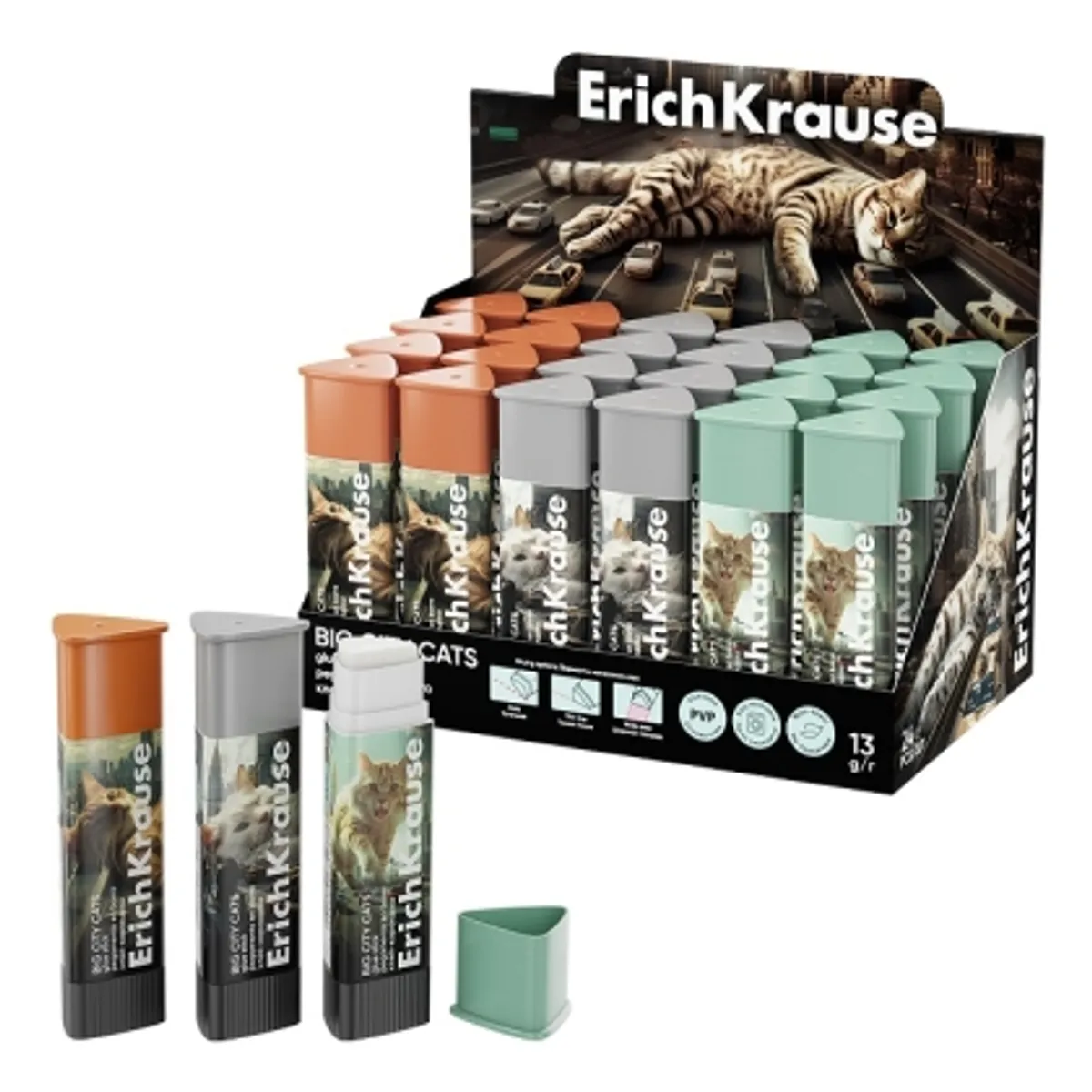 Лепило-стик ErichKrause® Prism Big City Cats, 13 г, асорти