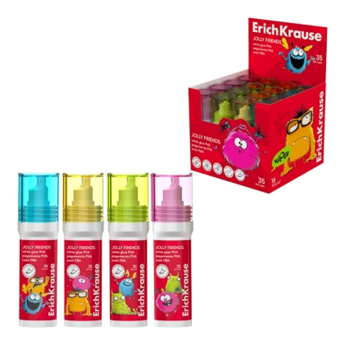 Бяло PVA лепило ErichKrause® Jolly Friends, 35 мл, асорти