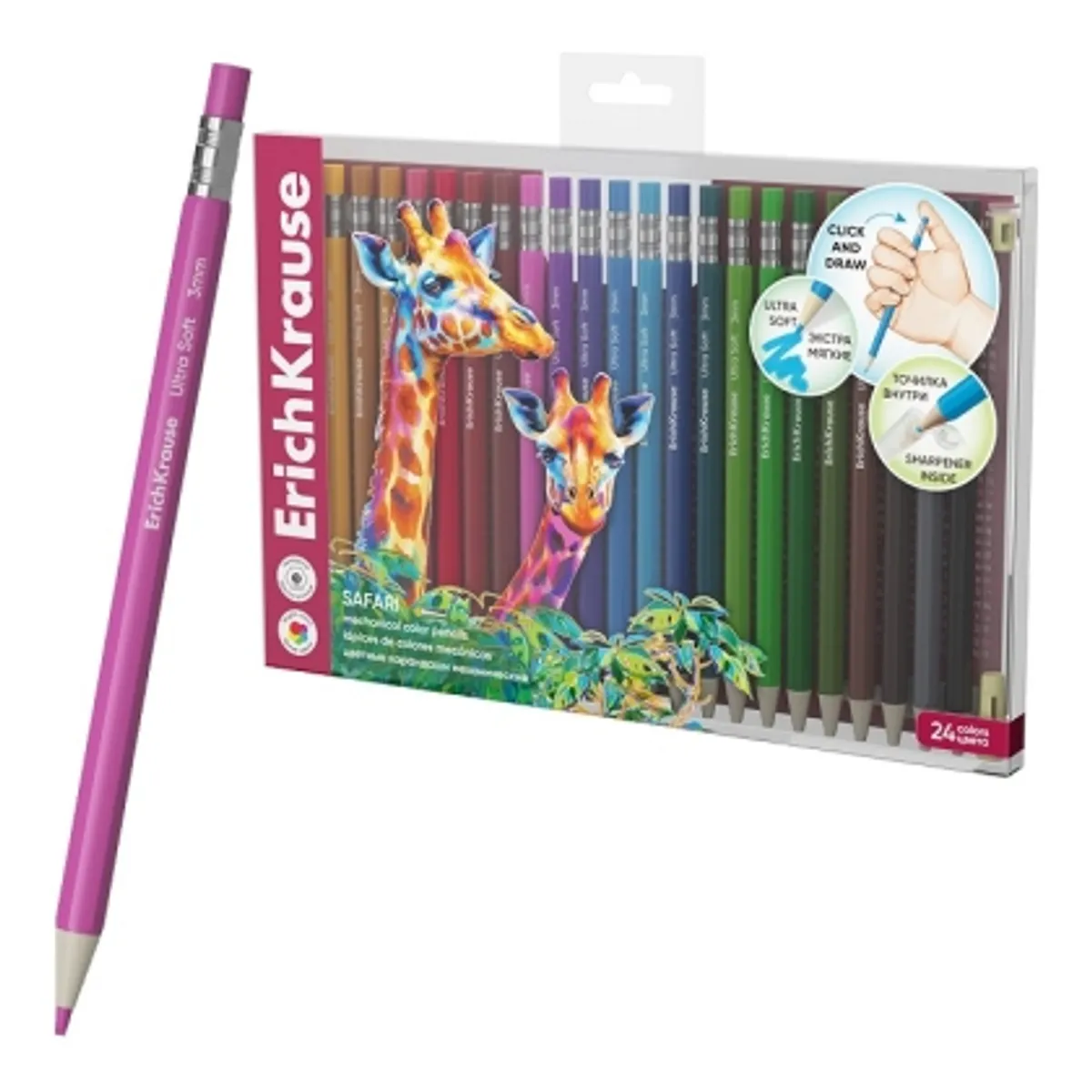 Автоматични цветни моливи ErichKrause® Safari 24 цвята, 3 mm графит