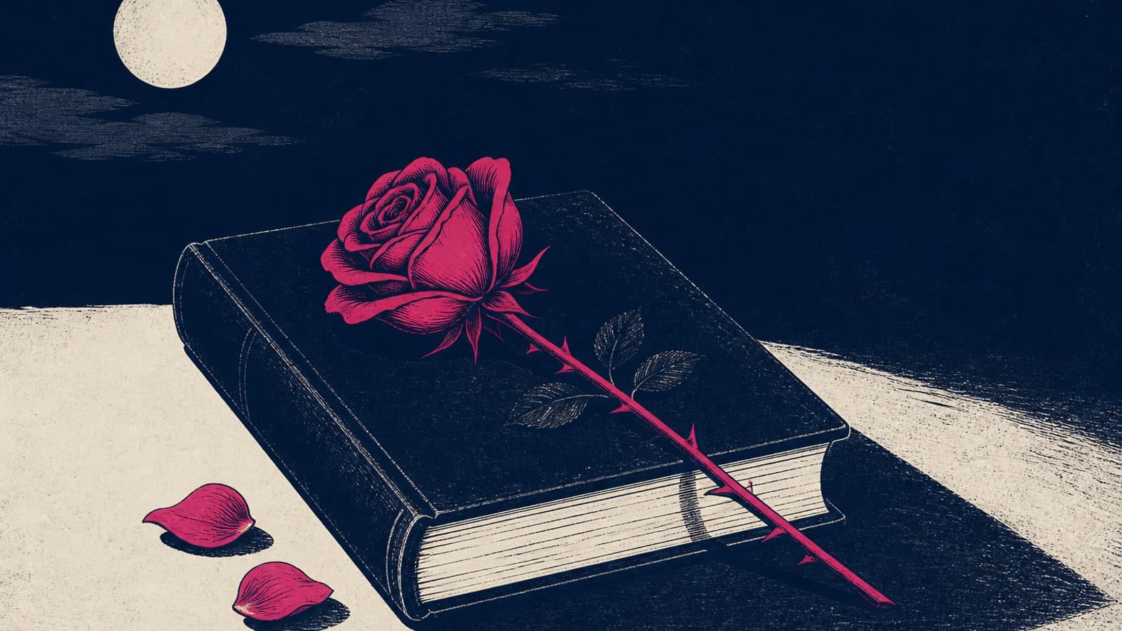 Затворена тъмносиня книга на хартиен фон под луна; върху корицата диагонално лежи магентова роза с бодли, до нея две паднали листенца и дълга твърда сянка. Плоска илюстрация в мастилено и магента.