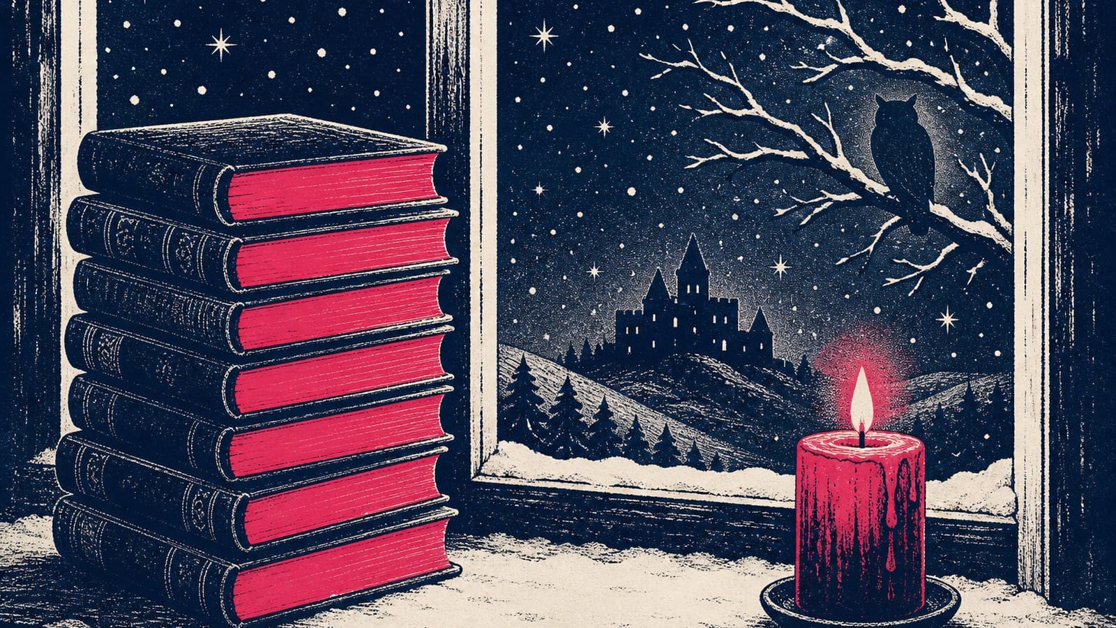 Илюстрация: седем книги с цветни порезки на заснежен перваз нощем, до тях свещ, отвън сова на клон и силует на замък под падащ сняг.