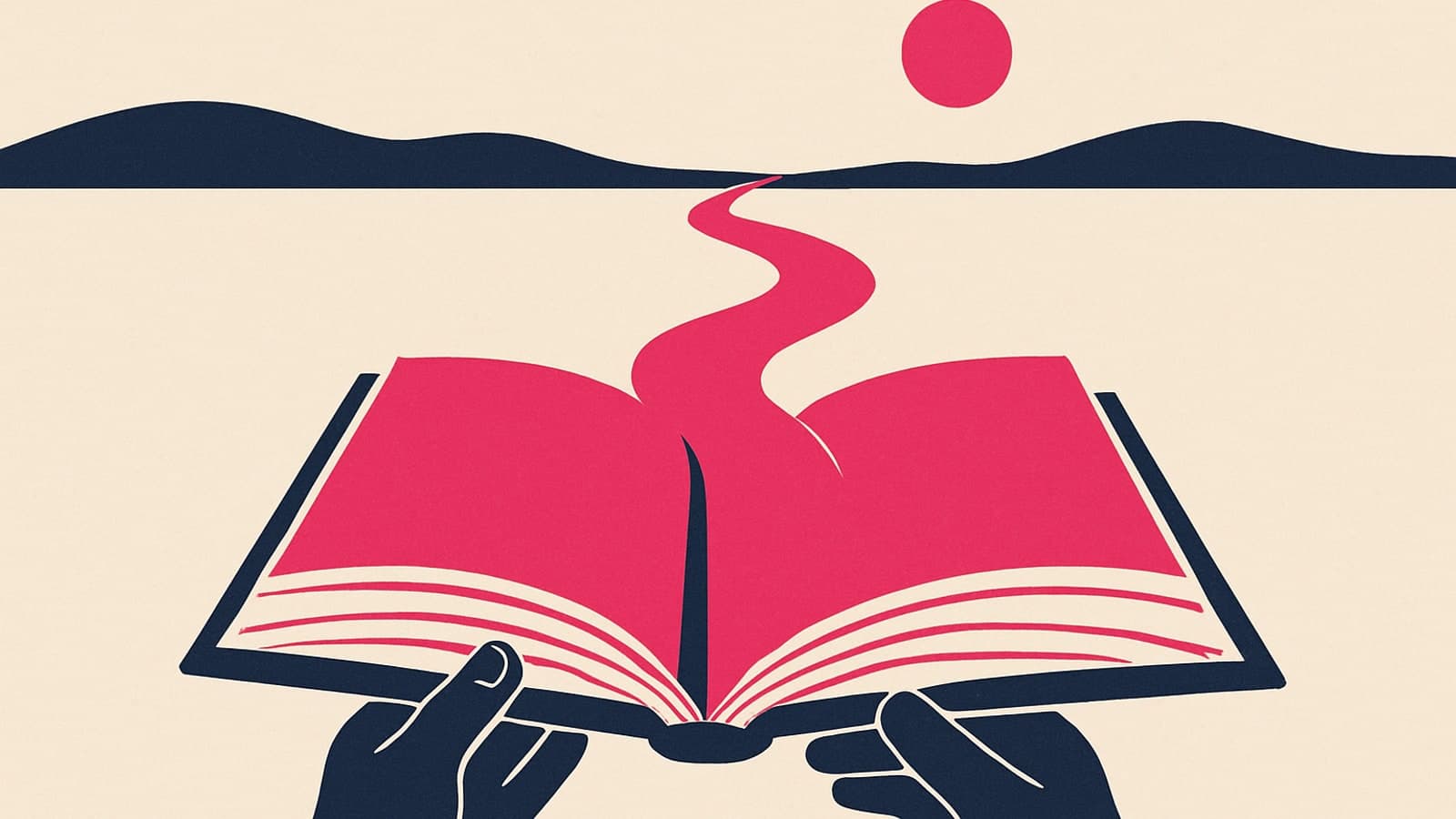 Отворена книга, държана от две ръце; магентово пътече се извива от страниците ѝ нагоре, към малко слънце на хоризонта.