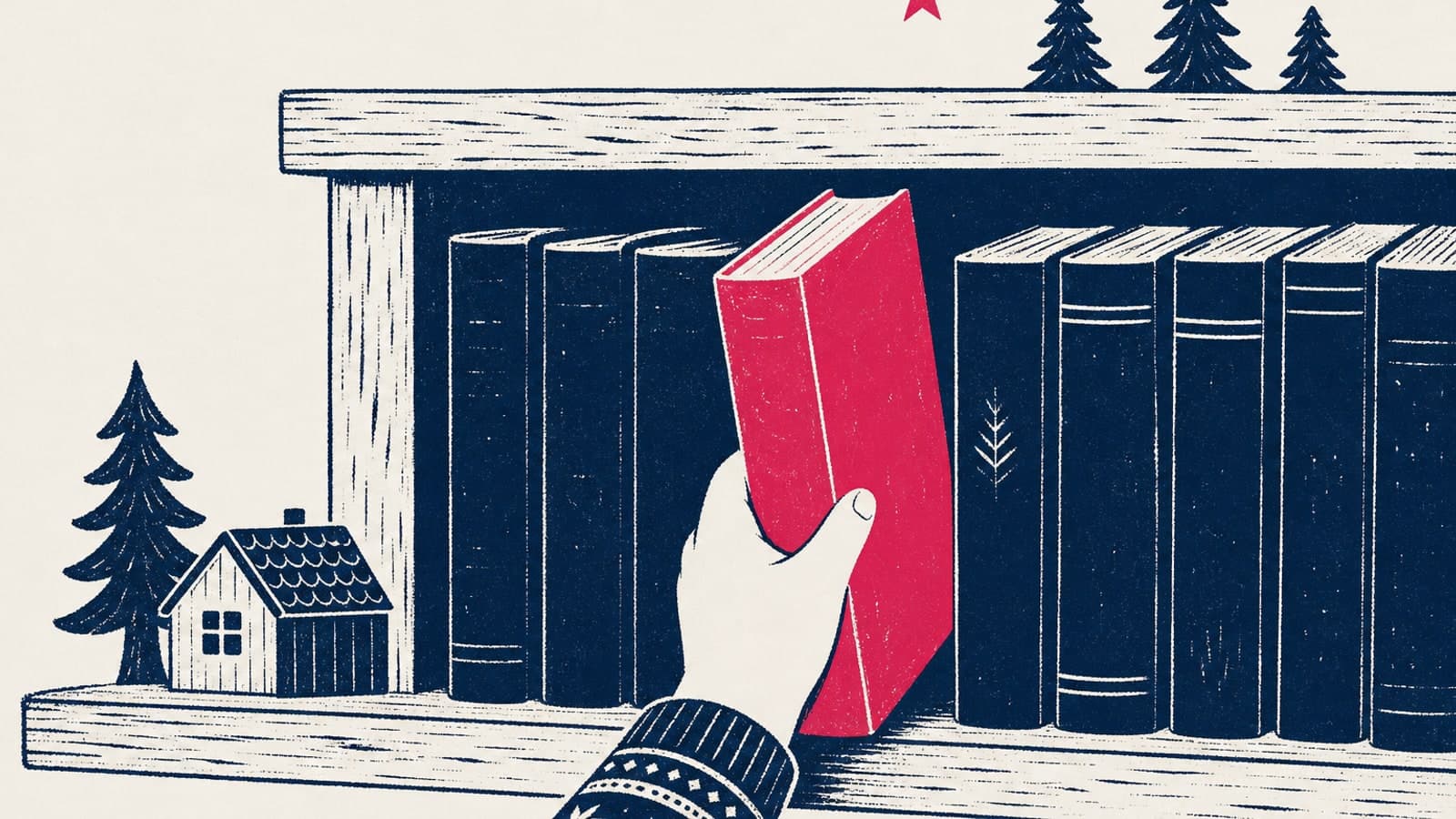 Дървен рафт с книги, от който детска ръка издърпва една магентова; наоколо — дребни скандинавски мотиви: борчета, къщичка, звезда. Стилизиран минималистичен мотив за подбор.