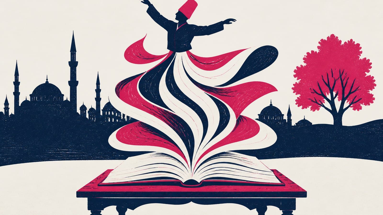 Отворена книга, от чиито страници се издига силует на въртящ се дервиш от хартиени ленти, на фона на куполи, минарета и смокиново дърво.