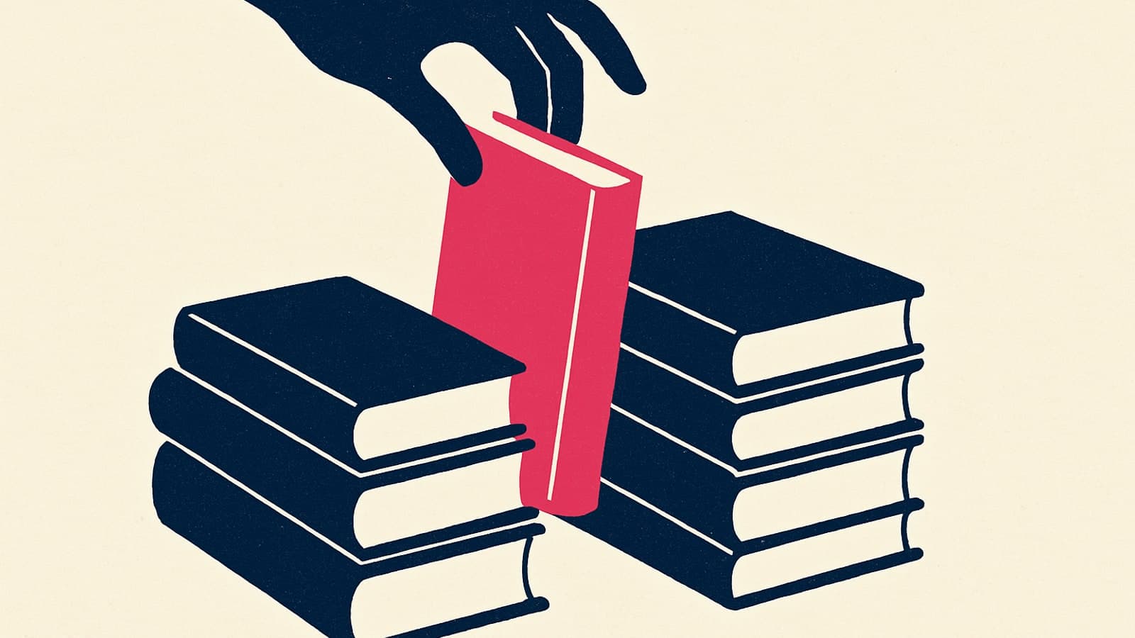 Подреден куп книги, една от които — магентово оцветена — се избира от ръка отгоре. Стилизиран минималистичен мотив за подбор.