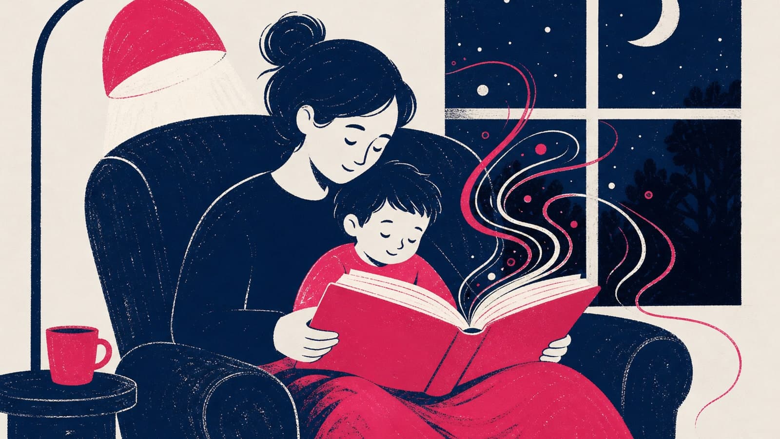 Родител и дете в голямо кресло под топла лампа, с една голяма отворена книга; от страниците се извиват меки линии като звук. Стилизирана минималистична илюстрация.