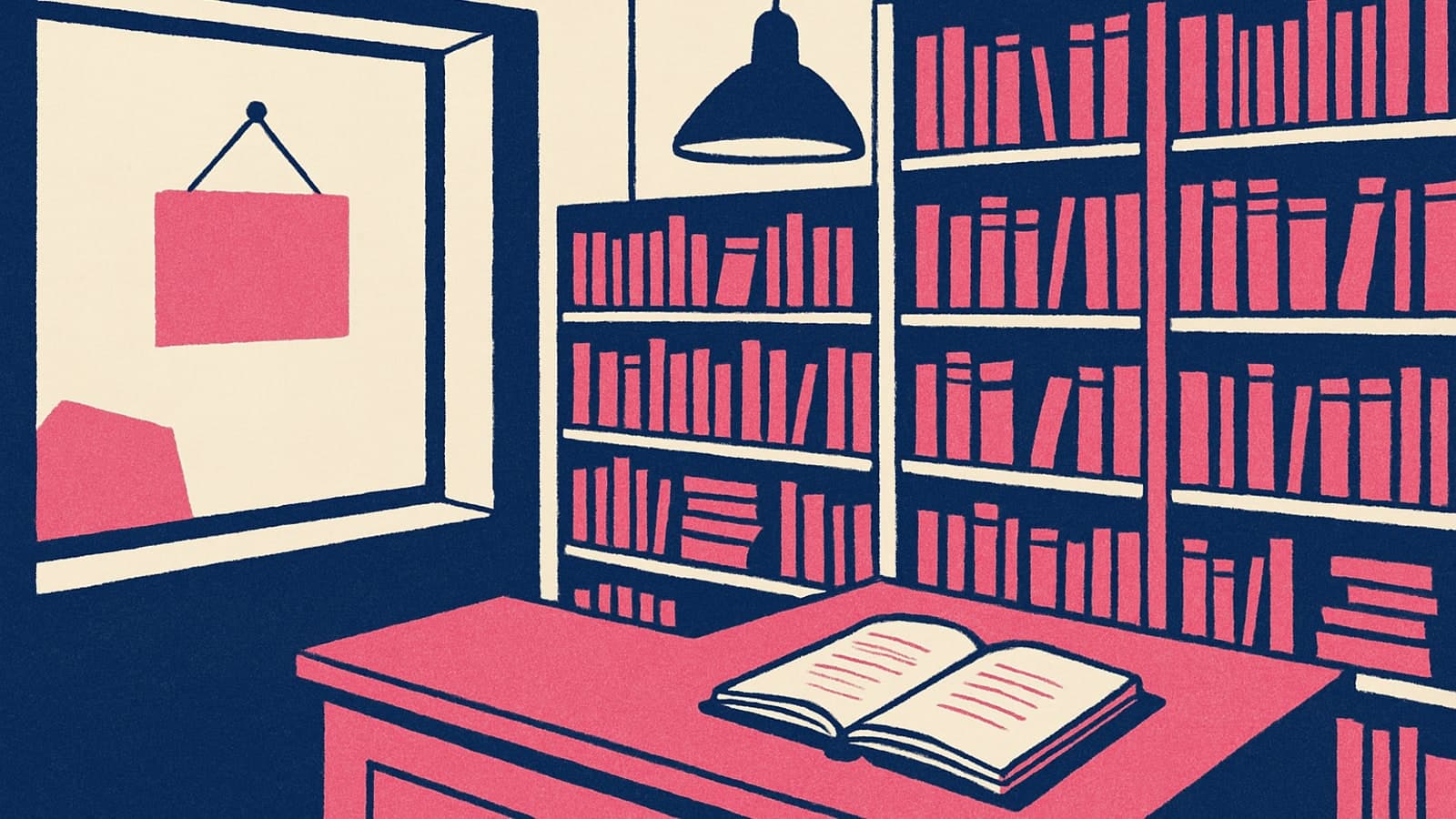 Интериор на малка независима книжарница в спокоен утринен час — рафтове, дървен тезгях с отворен дневник, висяща лампа.