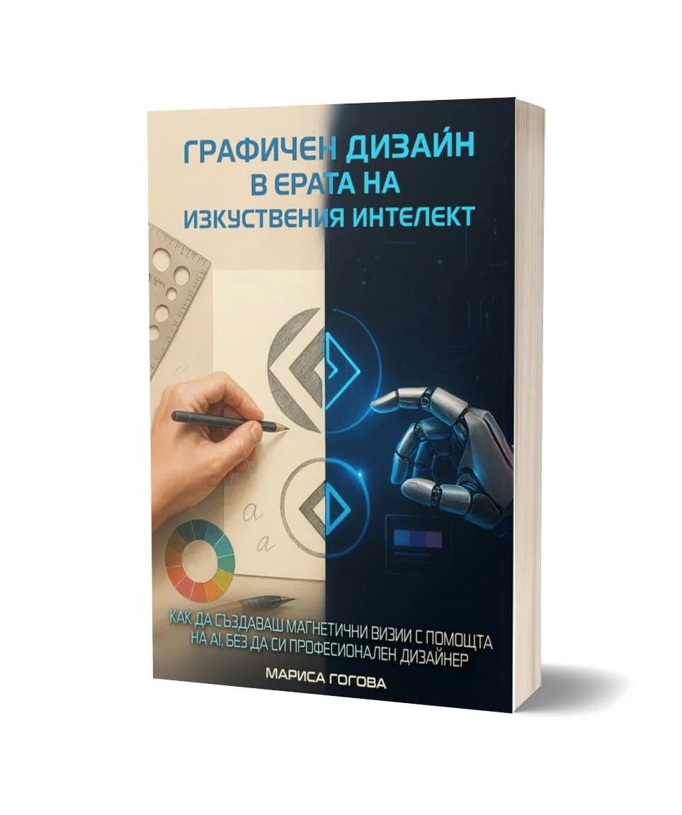 Корица на „Графичен дизайн в ерата на изкуствения интелект" — Марина Гошева