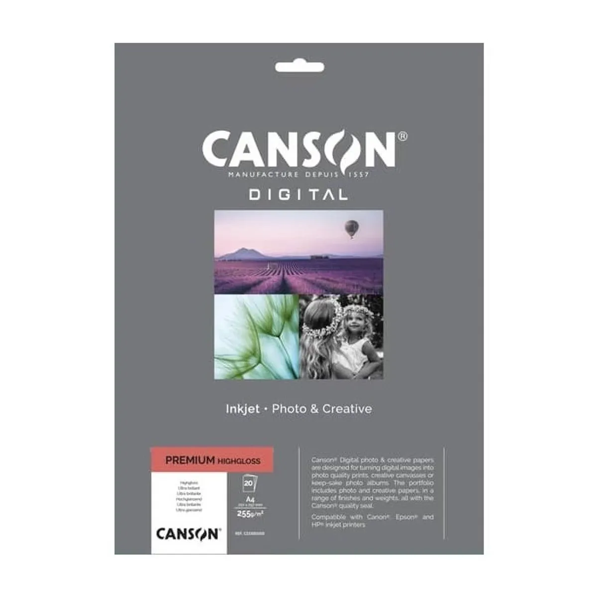 Фотохартия Canson Premium Highgloss, гланц, А4, 255 г, за inkjet, пакет 20 л.
