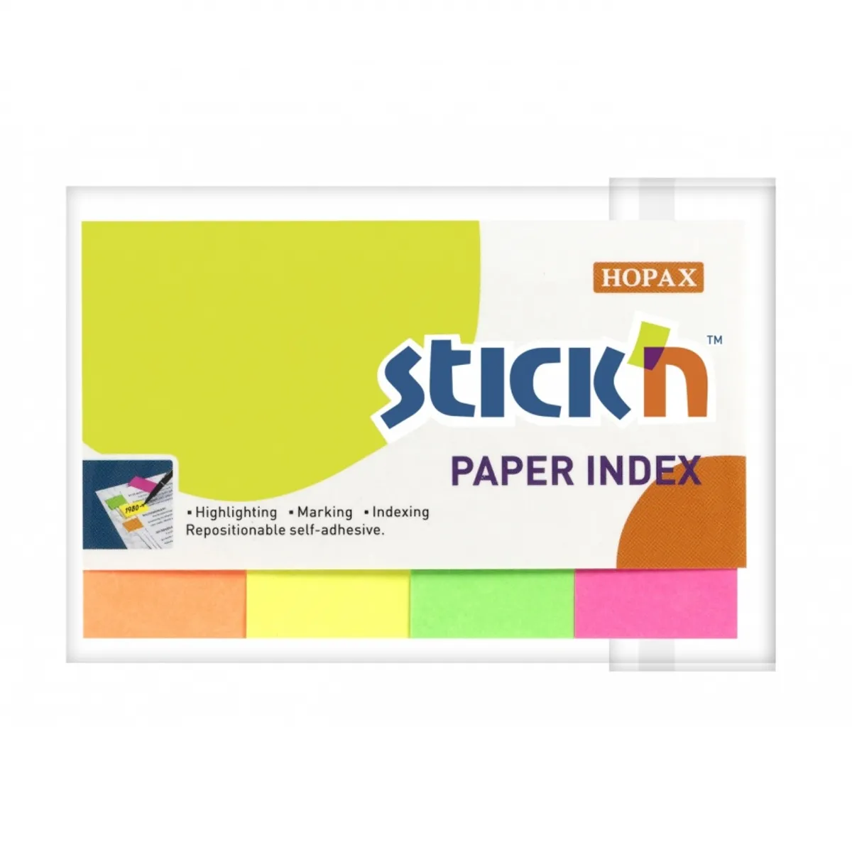 Самозалепващи индекси Stick'N, хартиени, 50х20 мм, 4х50 л., микс, неонови