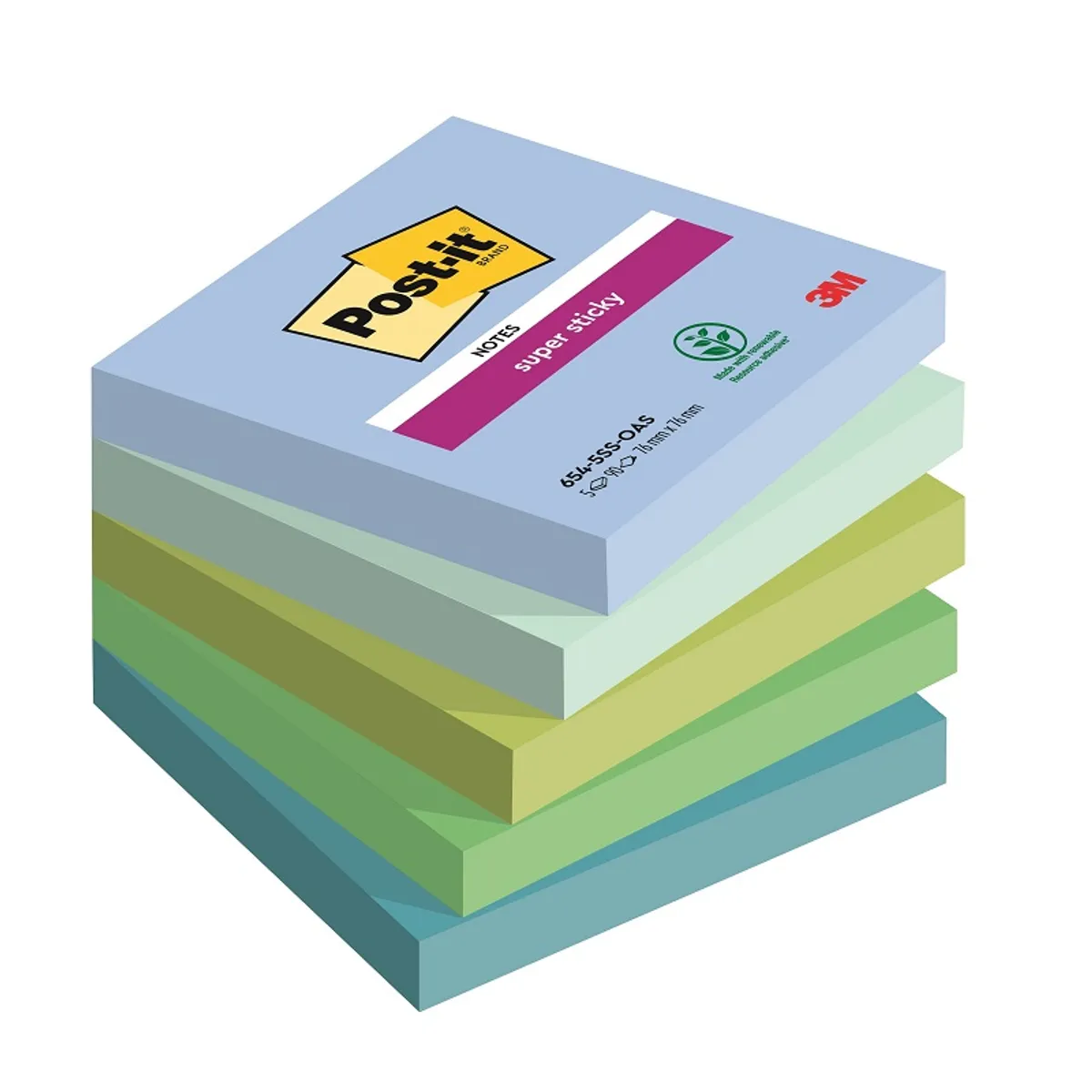 Самозалепващи листчета Post-it Super Sticky Oasis, 76х76 мм, 5х90 л., микс, PEFC хартия