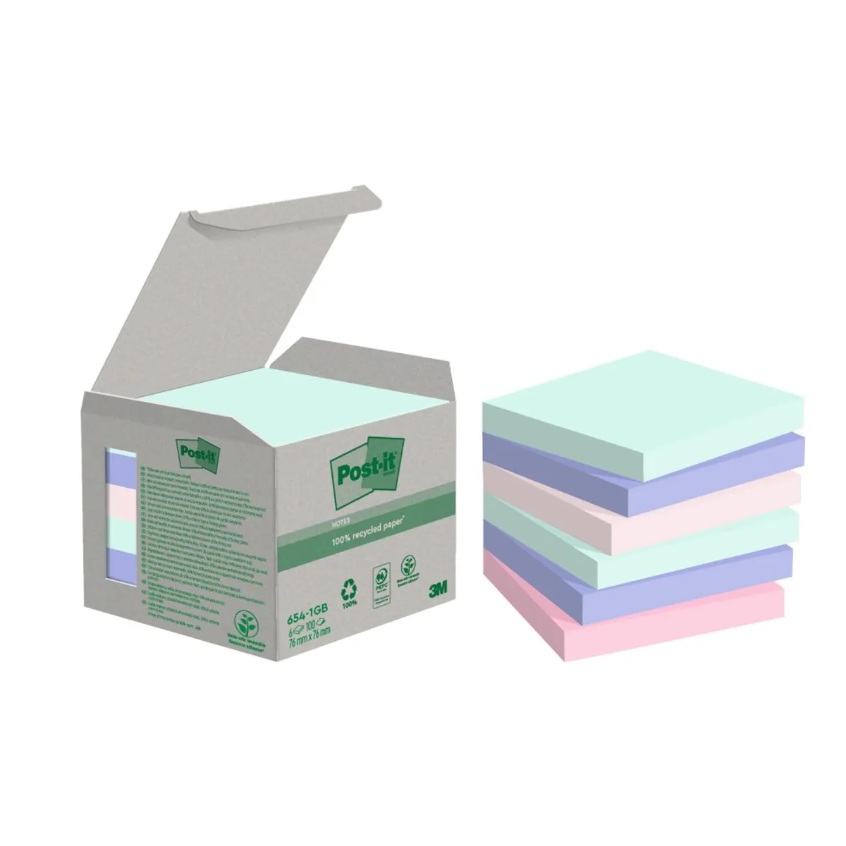 Самозалепващи листчета Post-it Recycled, 76x76 мм, 6х100 л., микс, пастелни, PEFC хартия