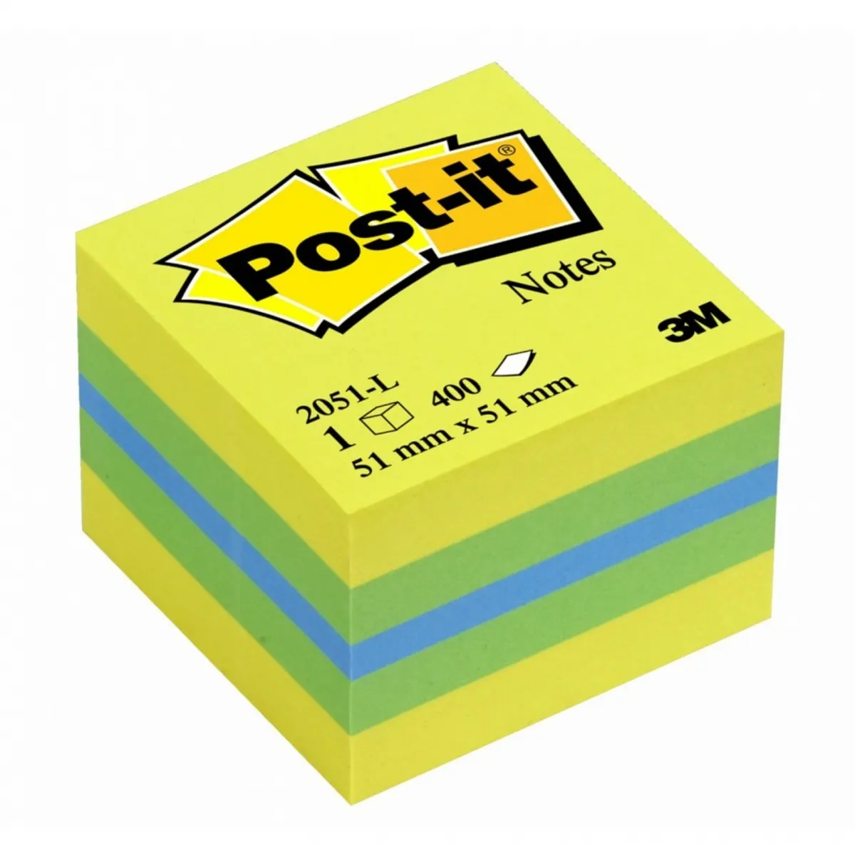 Самозалепващо мини кубче Post-it Lemon, 51х51 мм, 400 л., микс 3 цвята, неоново, PEFC хартия