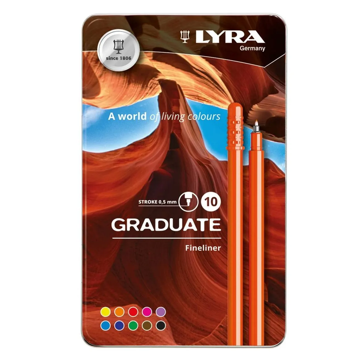 Комплект тънкописци LYRA Graduate, филцов връх 0.5 мм, 10 цвята, метална кутия