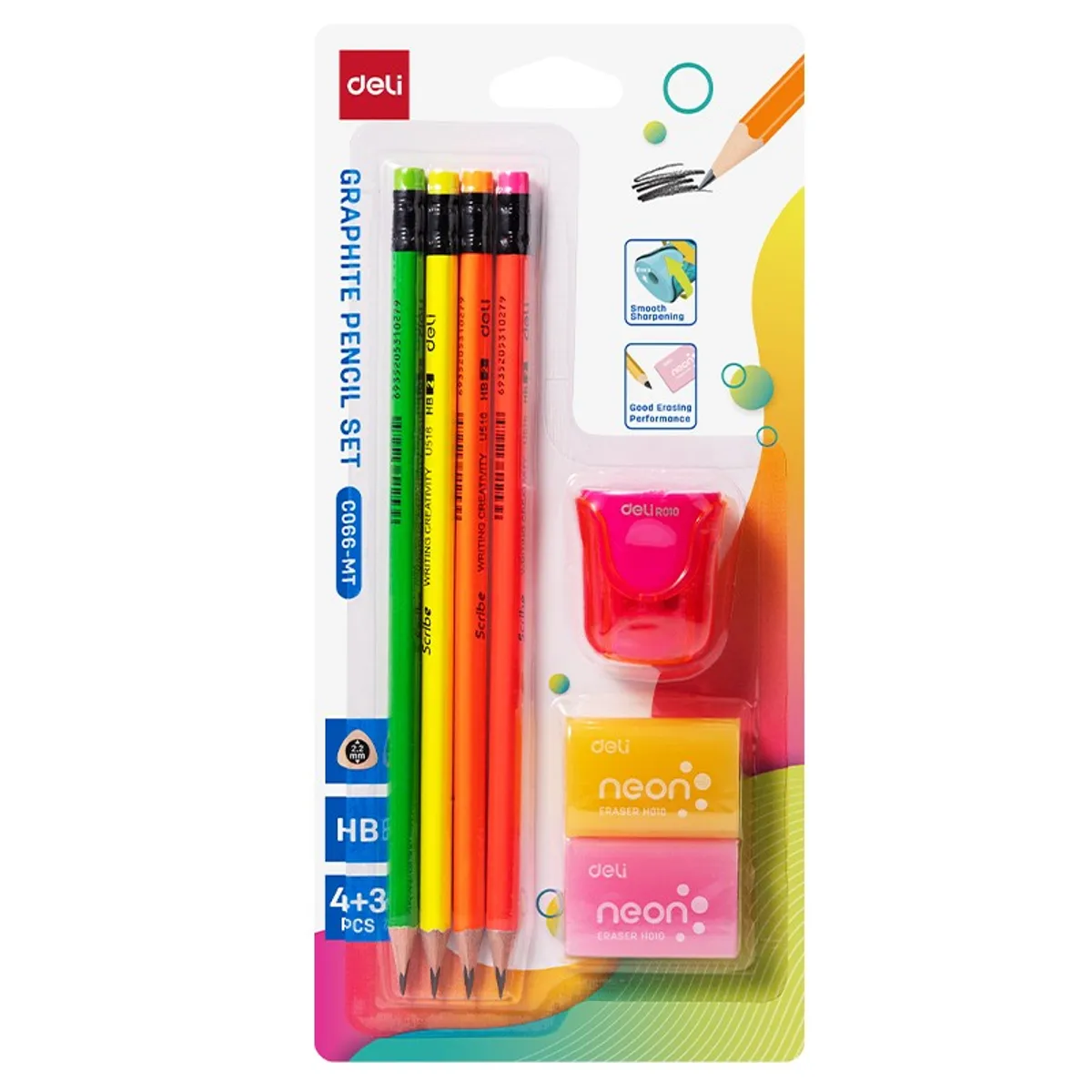Комплект моливи с гума Deli Neonup C066-MT, 4 бр.HB, 2 бр. гуми 39x27x12 мм, 1 бр. острилка с конт.