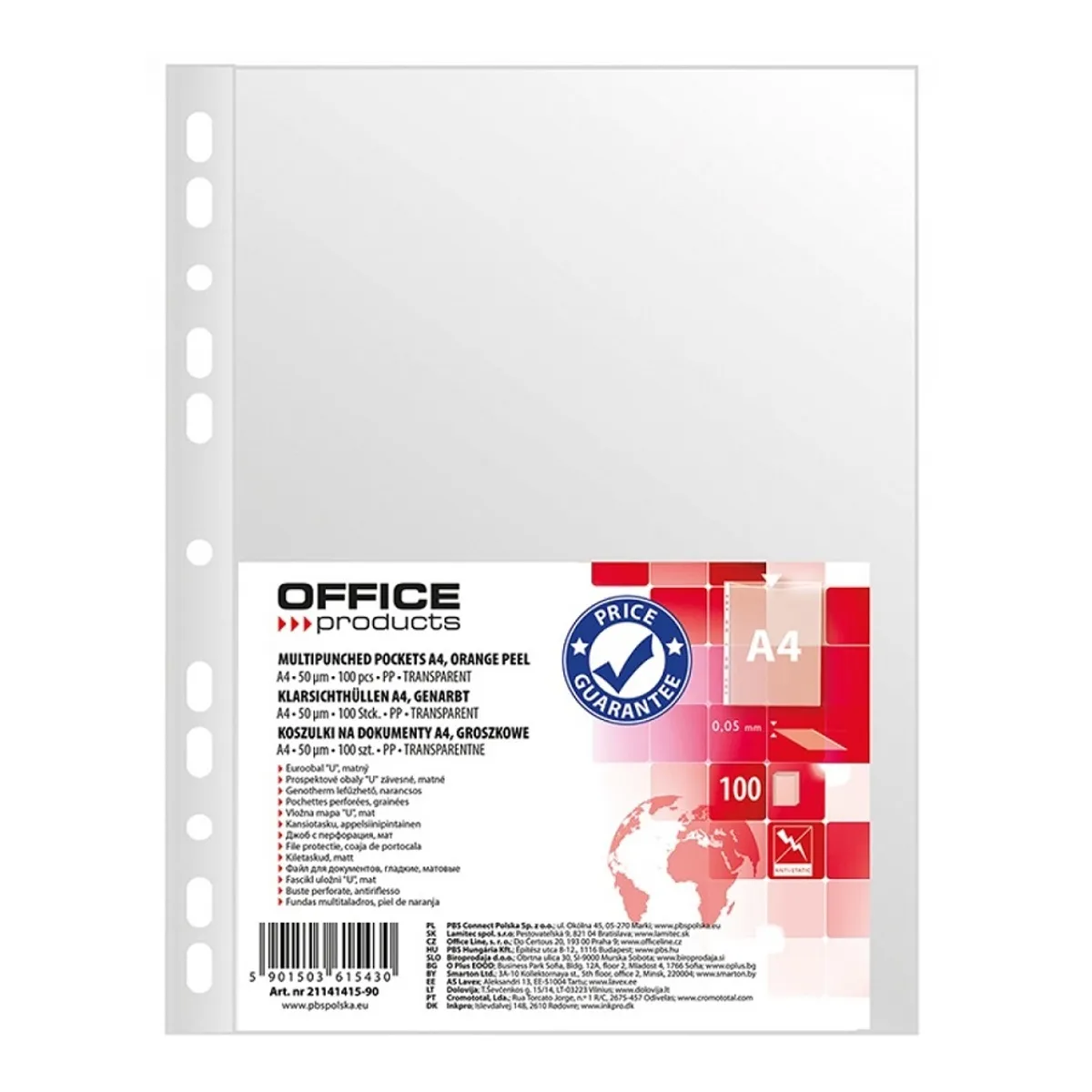 Джоб с европерфорация OFFICE PRODUCTS, A4, РР 50 mic, мат, 100 бр.