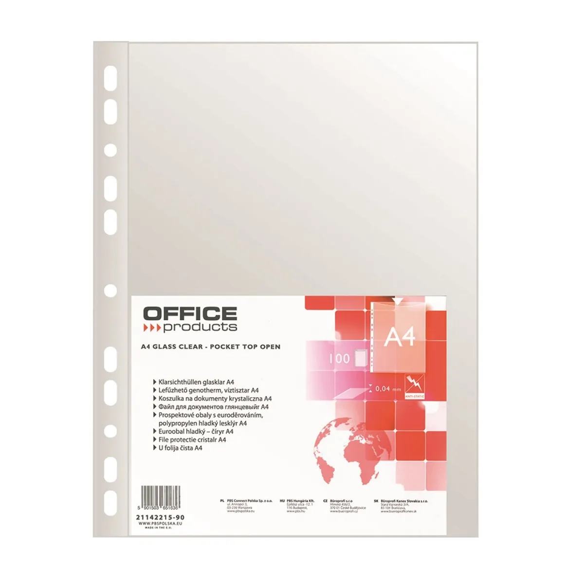 Джоб с европерфорация OFFICE PRODUCTS, A4, РР 40 mic, кристал, 100 бр.