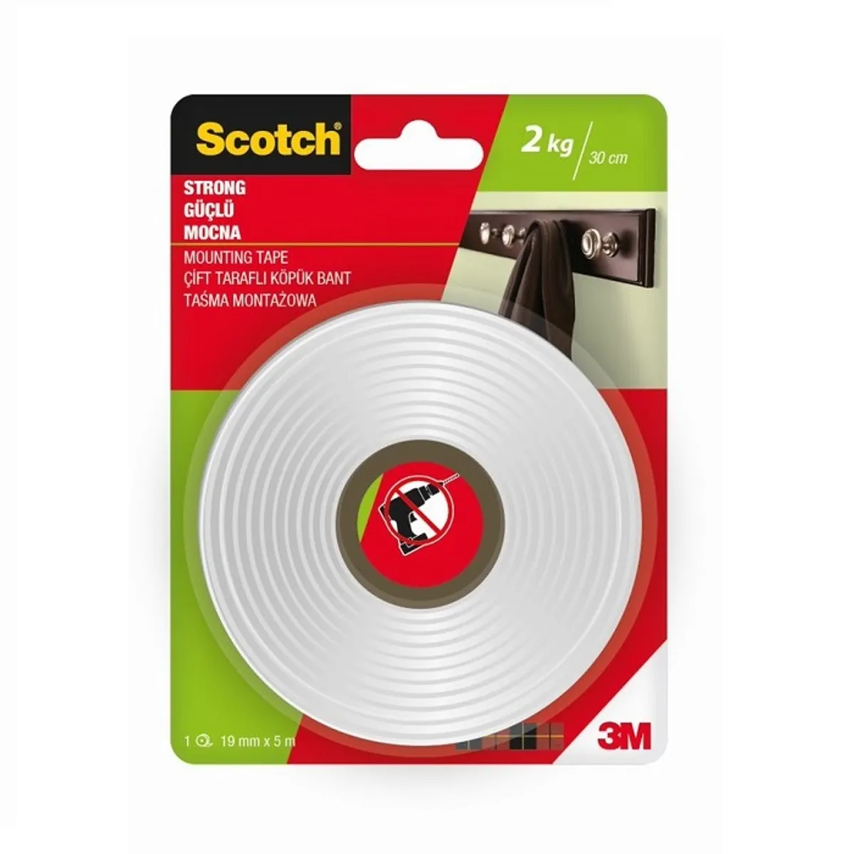 Монтажна лента Scotch-FIX Interior 4496G-1915-P, 19 мм x 5 м, издържливост 7 кг, 1 кг/220 мм
