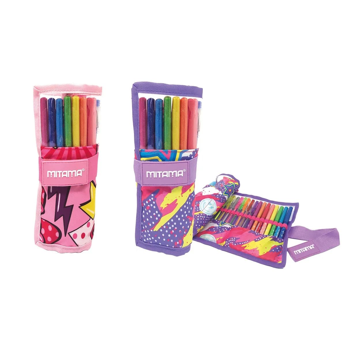 Навиващ се несесер MITAMA 2 in 1 Glitter Roll от 10 цветни химикалки, 7 лепила, 8 флумастери