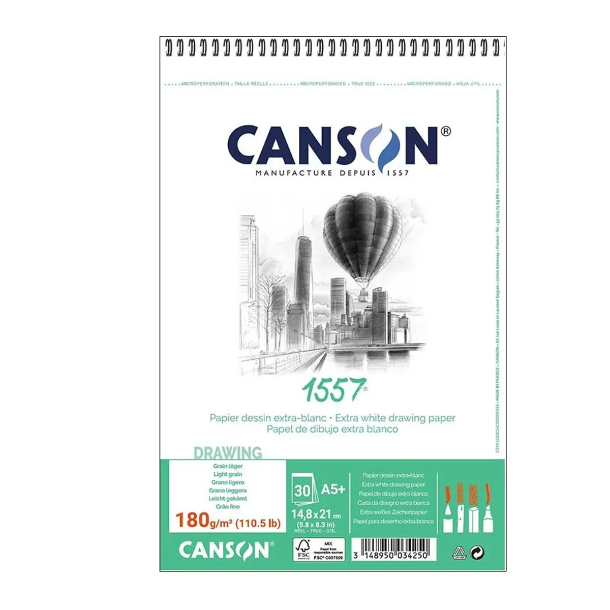 Скицник със спирала CANSON 1557, за молив, въглен, пастел, мастило, A5+,180 г/кв.м, light grain,30 л