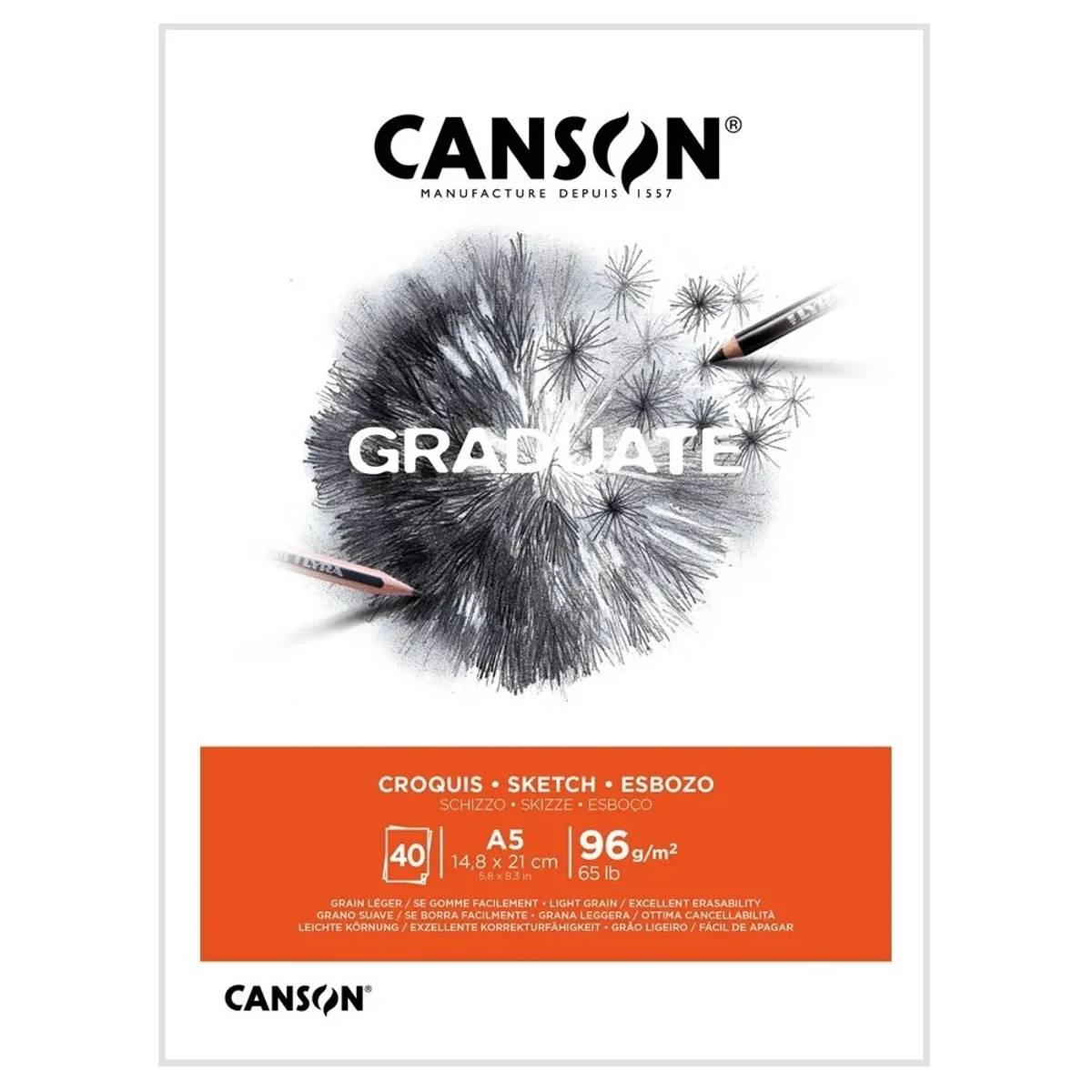 Скицник CANSON GRADUATE Croquis, за моливи и въглен, A5, 96 г/кв.м, light grain, 40 л.