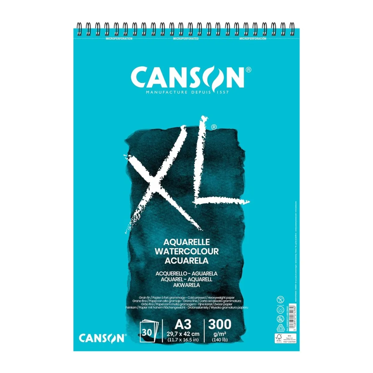 Скицник със спирала CANSON XL Aquarelle, за мокри техники, A3, 300 г/кв.м, cold pressed, 30 л.