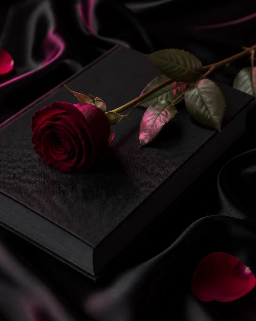 Черна книга с тъмночервена роза върху сатен — dark romance с 10% отстъпка