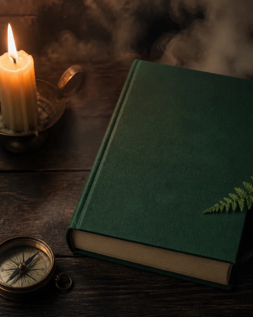 Зелена книга с месингов компас и папрат на свещ — фентъзи с 10% отстъпка